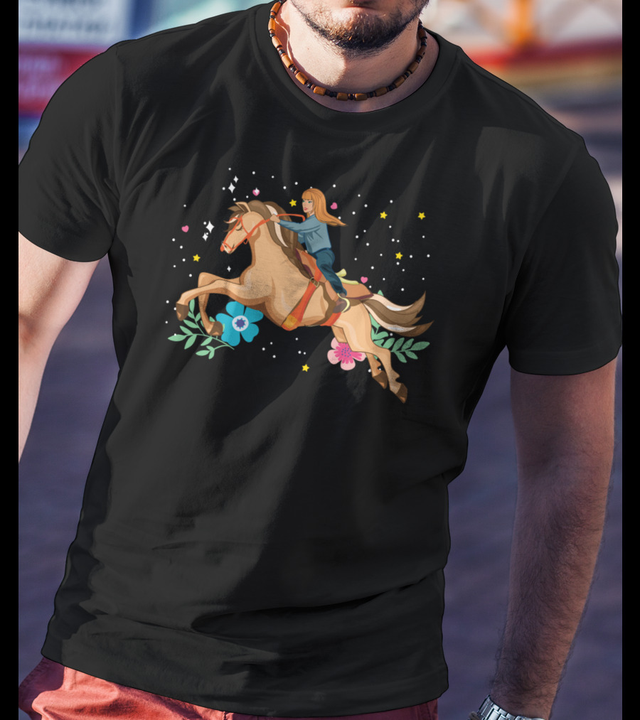 Dreamy Happy Horse Woman Energy With Stars And Flowers T-Shirt