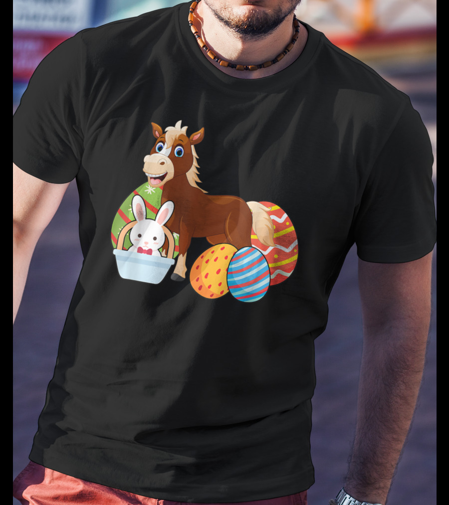 Funny Easter Horse Bunny With Colorful Eggs Happy Easter T-Shirt