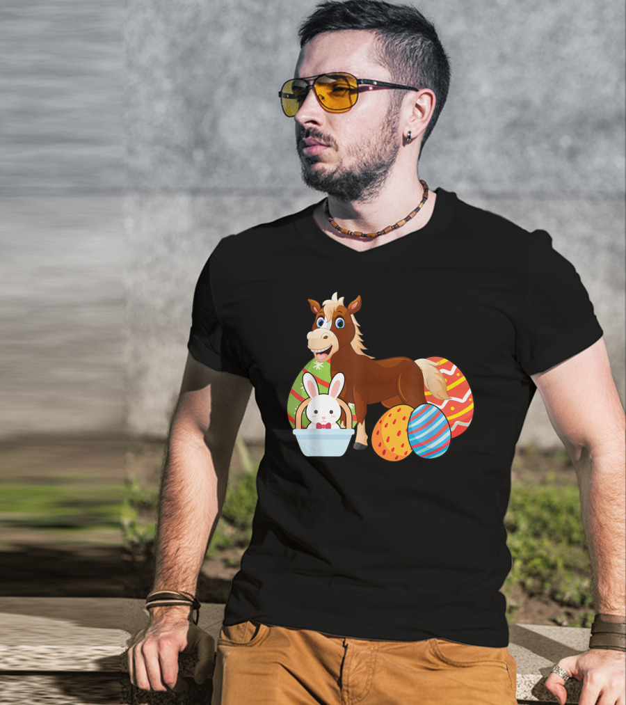 Funny Easter Horse Bunny With Colorful Eggs Happy Easter T-Shirt
