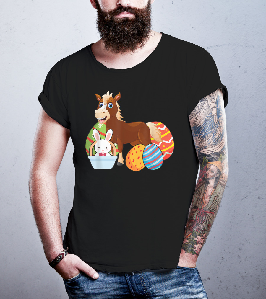 Funny Easter Horse Bunny With Colorful Eggs Happy Easter T-Shirt