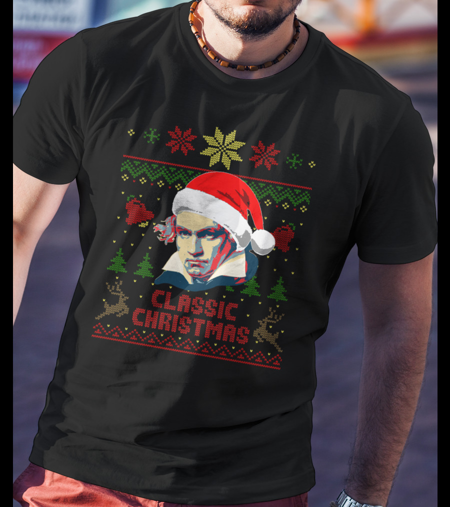 Classic Christmas Beethoven Santa Hat Reindeer Snowflakes T-Shirt