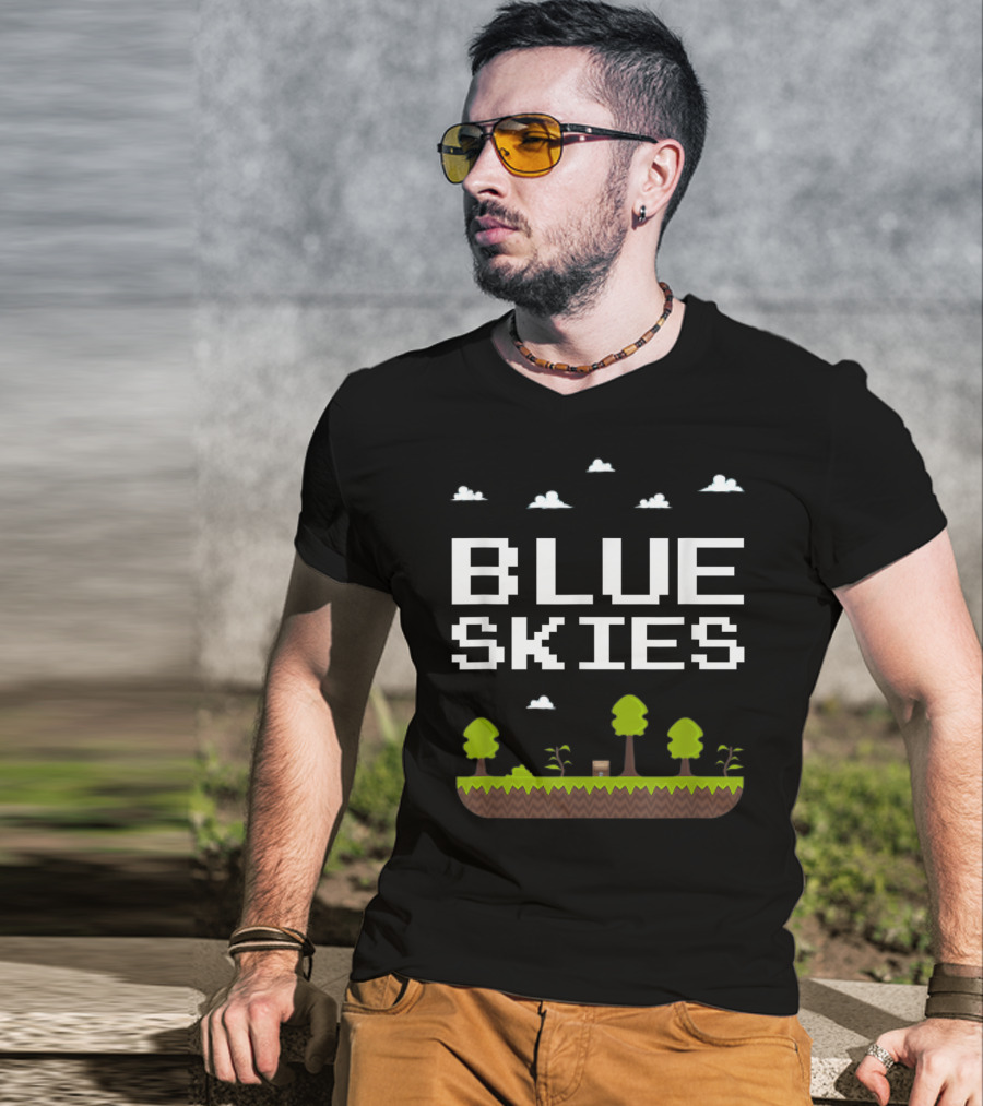 Blue Skies Classic Video Games Gamer Pixelated Trees Landscape T-Shirt