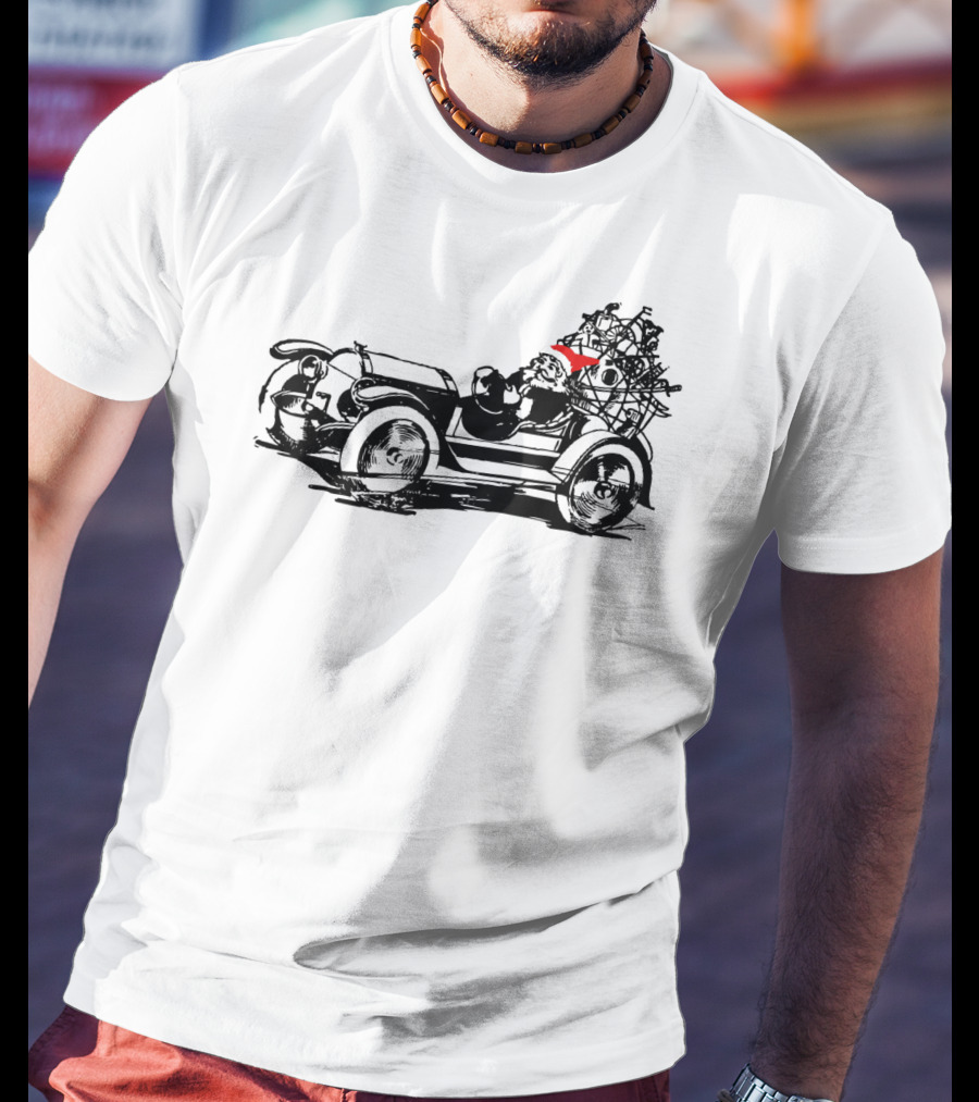 Santa Driving Vintage Car With Christmas Tree Load T-Shirt