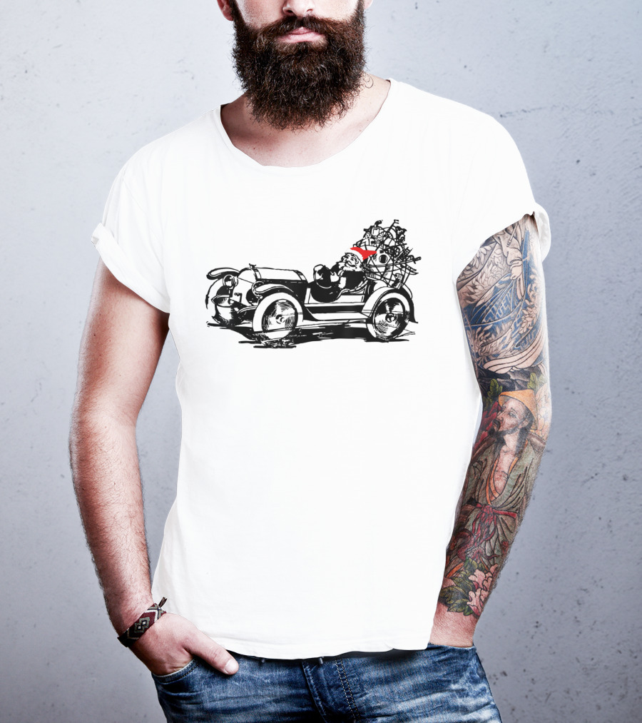 Santa Driving Vintage Car With Christmas Tree Load T-Shirt