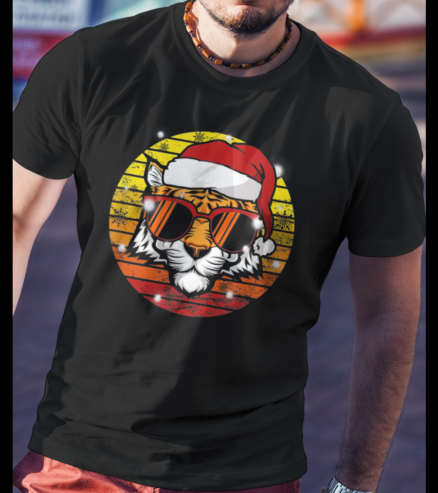 Christmas Tiger Wearing Vintage Santa Hat With Retro Sunglasses T-Shirt