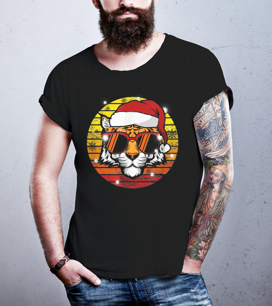 Christmas Tiger Wearing Vintage Santa Hat With Retro Sunglasses T-Shirt