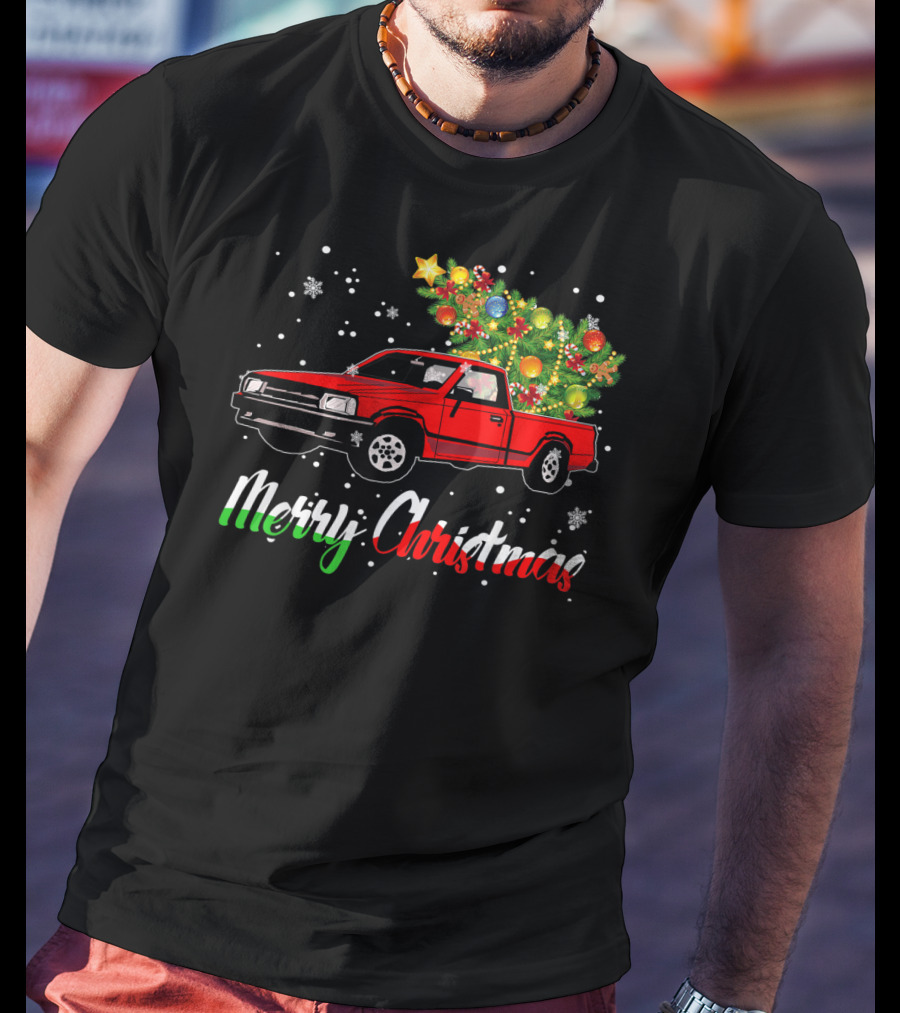 Merry Christmas Classic Old Red Truck With Christmas Tree And Snowflakes T-Shirt