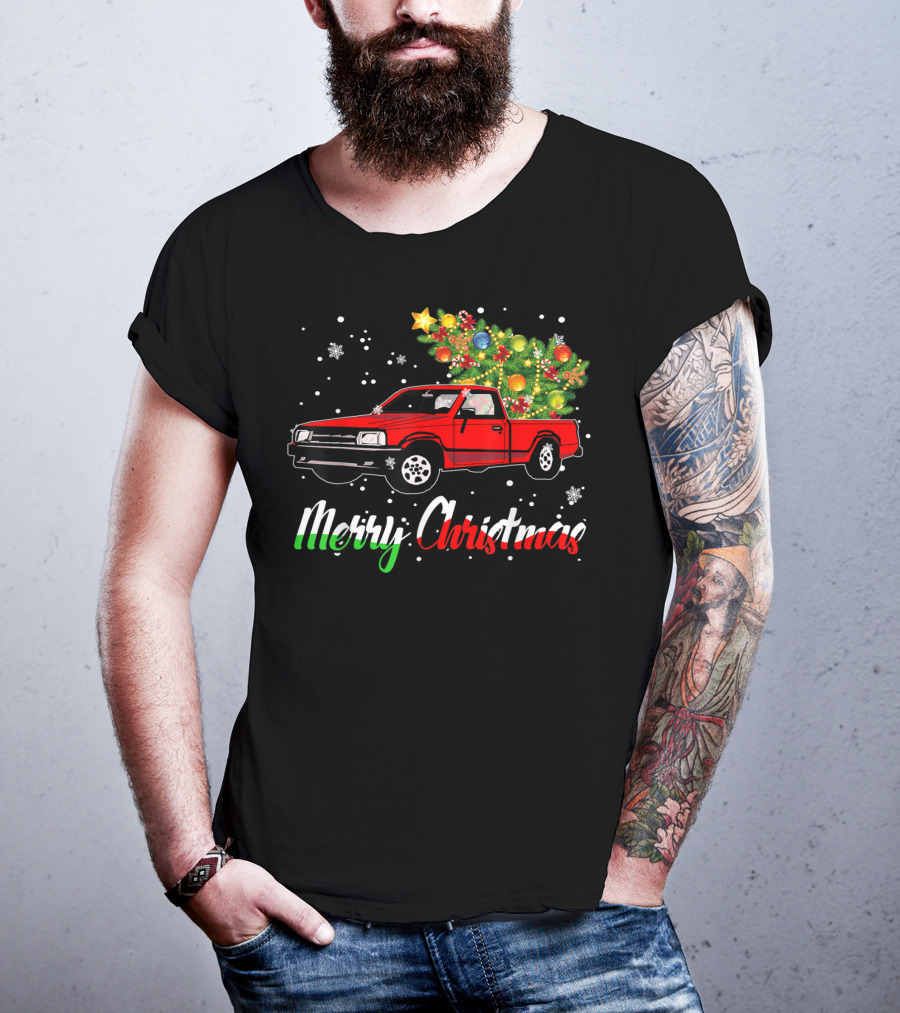 Merry Christmas Classic Old Red Truck With Christmas Tree And Snowflakes T-Shirt