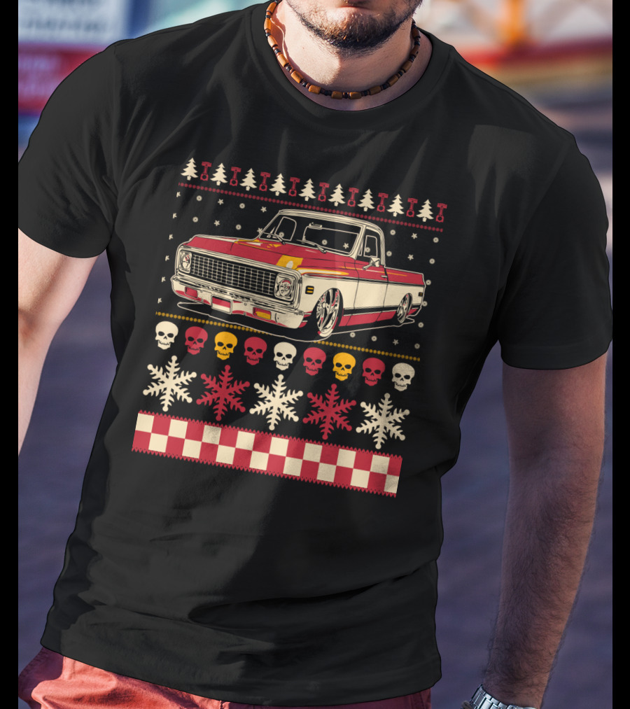 Classic Antique Pickup Truck Ugly Christmas Sweater Skulls Snowflakes T-Shirt