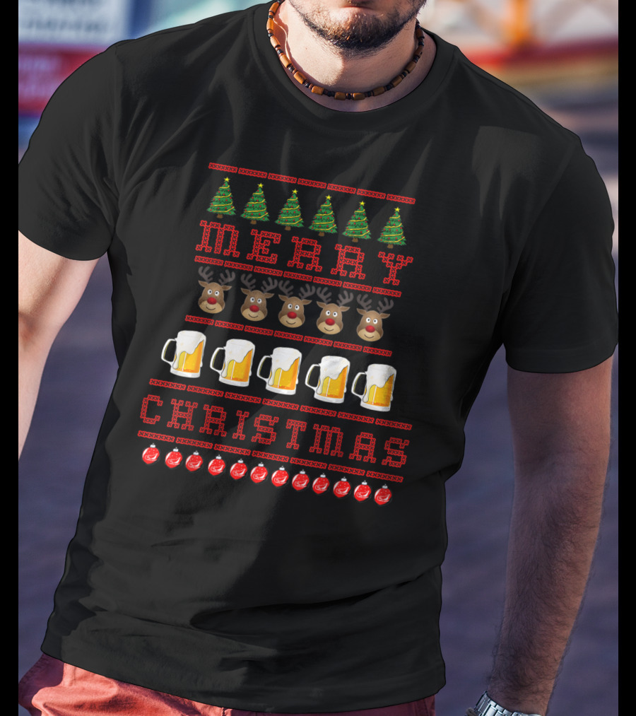 Merry Christmas Reindeer Beer Festive Ugly T-Shirt