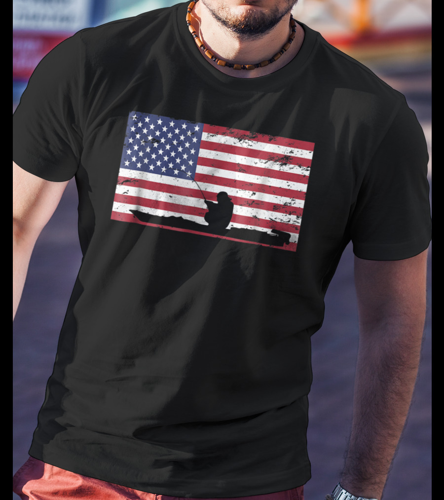 Kayak Fishing Silhouette On Distressed American Flag T-Shirt