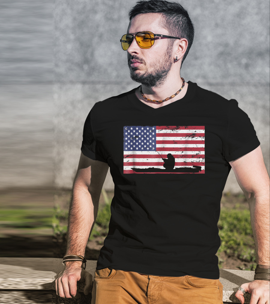 Kayak Fishing Silhouette On Distressed American Flag T-Shirt