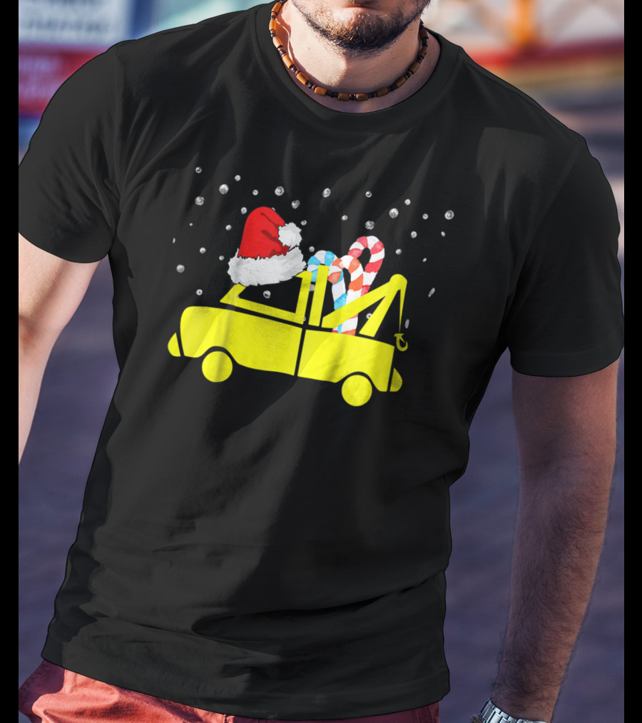 Kids Tow Truck Boys Christmas Santa Hat Candy Cane Snow T-Shirt