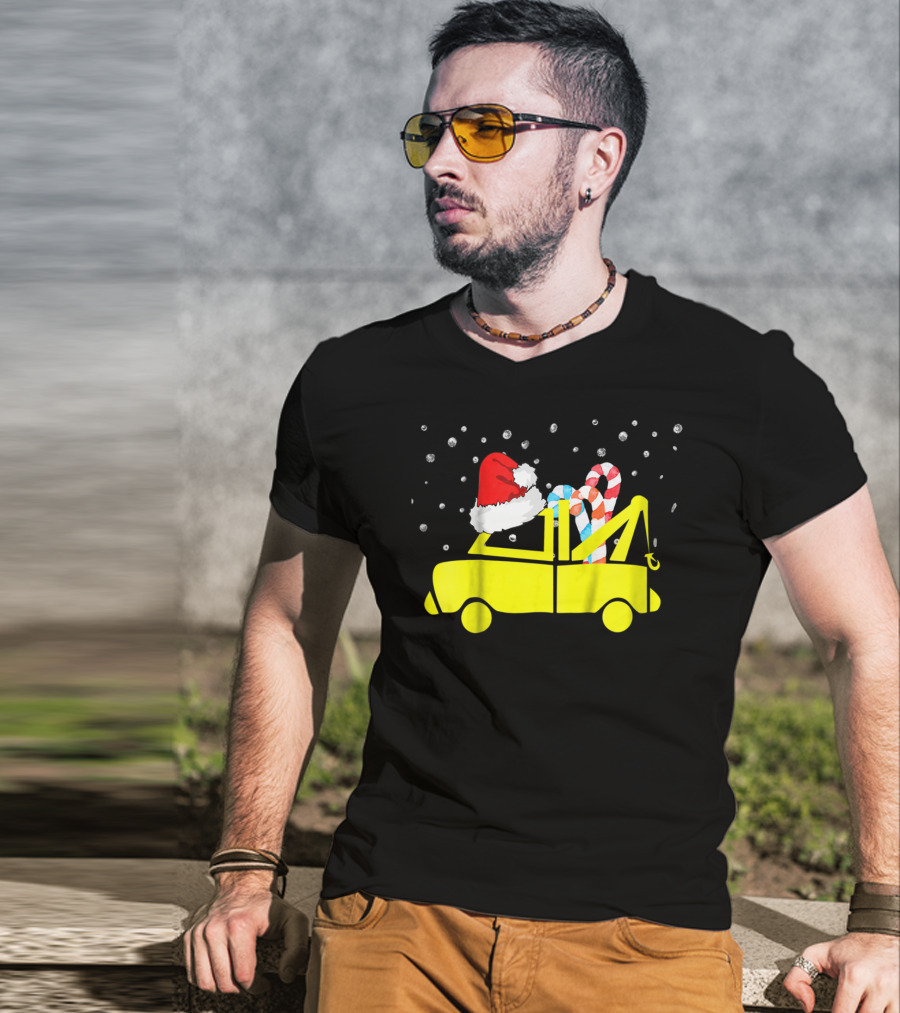 Kids Tow Truck Boys Christmas Santa Hat Candy Cane Snow T-Shirt