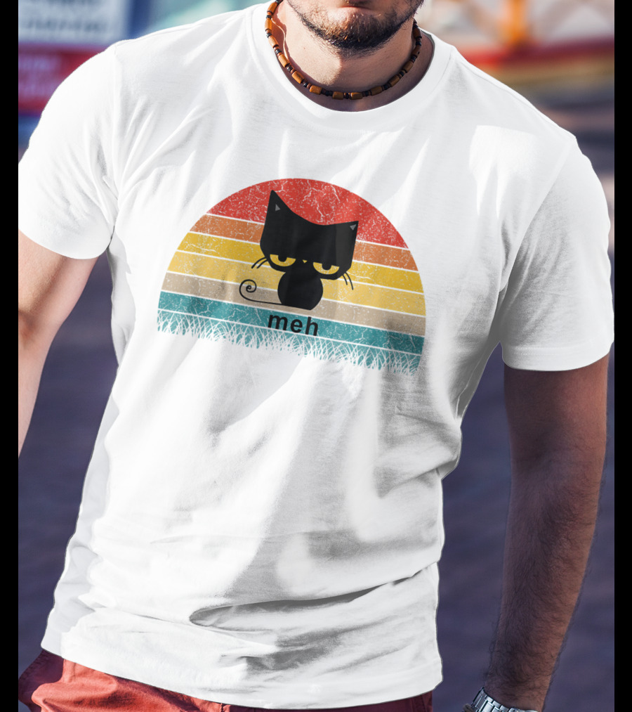 Meh Black Cat Retro Sunset Funny Cat Lovers T-Shirt