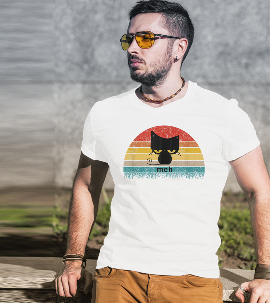 Meh Black Cat Retro Sunset Funny Cat Lovers T-Shirt