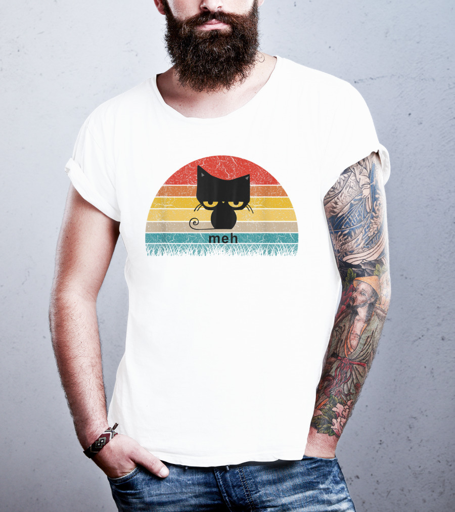 Meh Black Cat Retro Sunset Funny Cat Lovers T-Shirt