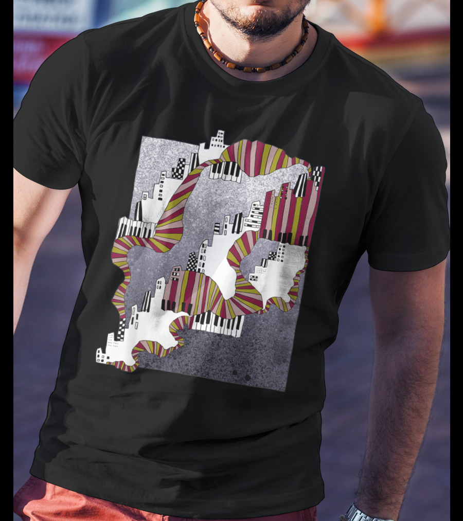 Mellow My Man Cityscape With 90s Hip Hop Piano Keys And Vibrant Stripes T-Shirt