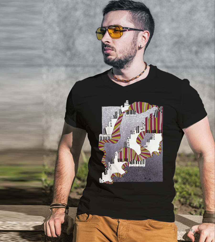 Mellow My Man Cityscape With 90s Hip Hop Piano Keys And Vibrant Stripes T-Shirt