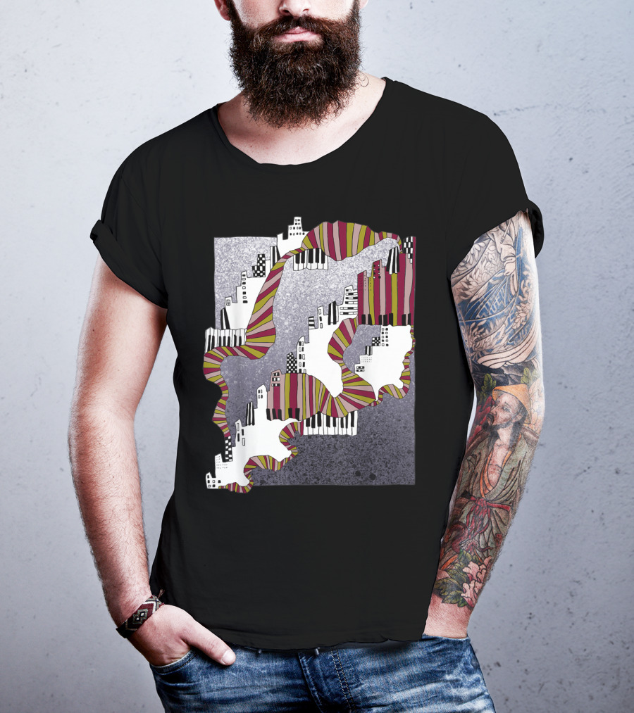 Mellow My Man Cityscape With 90s Hip Hop Piano Keys And Vibrant Stripes T-Shirt