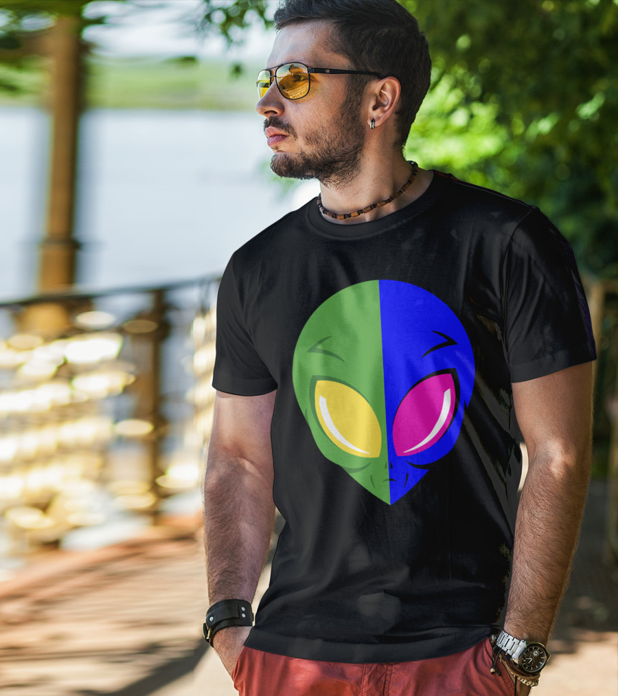 Mens Glow In The Dark Alien Head Dual Colors Green Blue Yellow Pink T-Shirt