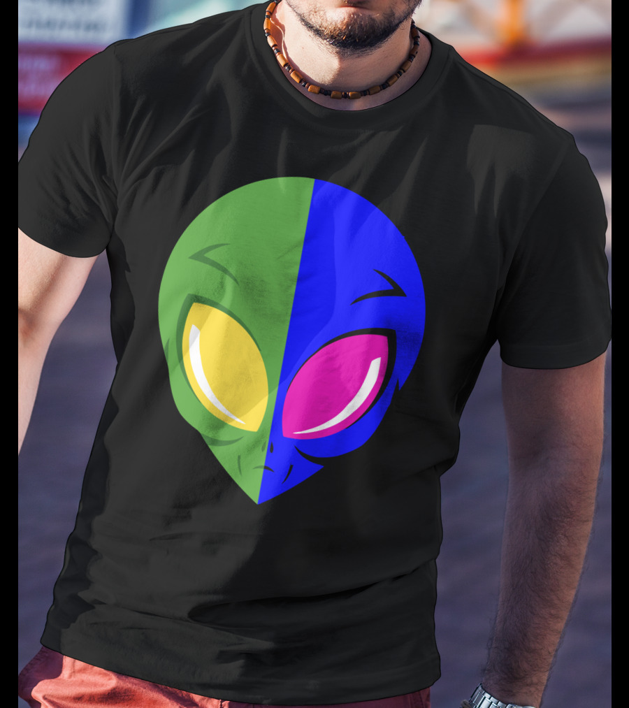 Mens Glow In The Dark Alien Head Dual Colors Green Blue Yellow Pink T-Shirt
