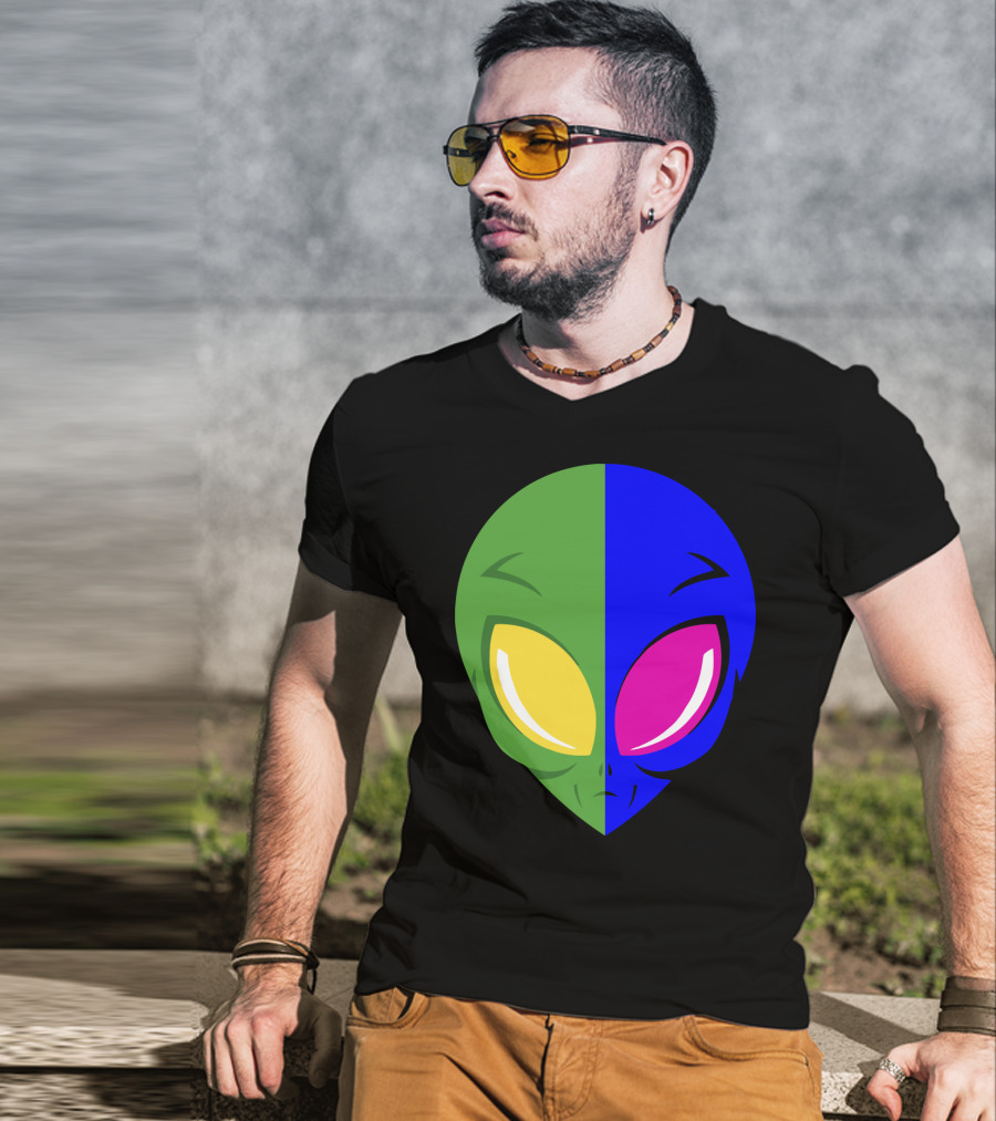 Mens Glow In The Dark Alien Head Dual Colors Green Blue Yellow Pink T-Shirt