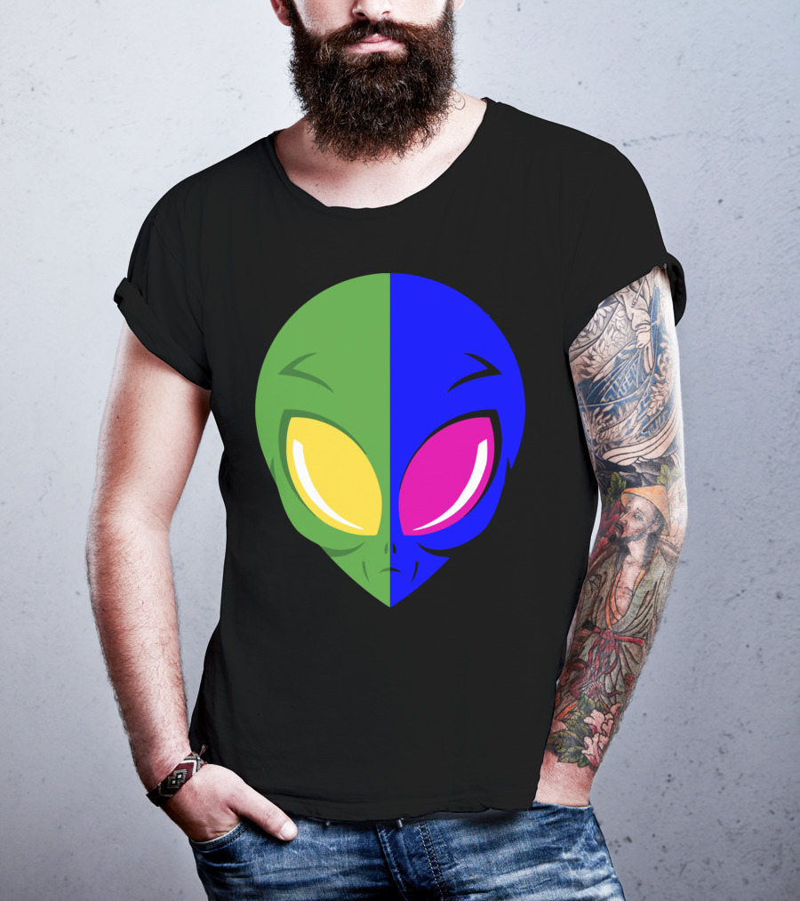 Mens Glow In The Dark Alien Head Dual Colors Green Blue Yellow Pink T-Shirt