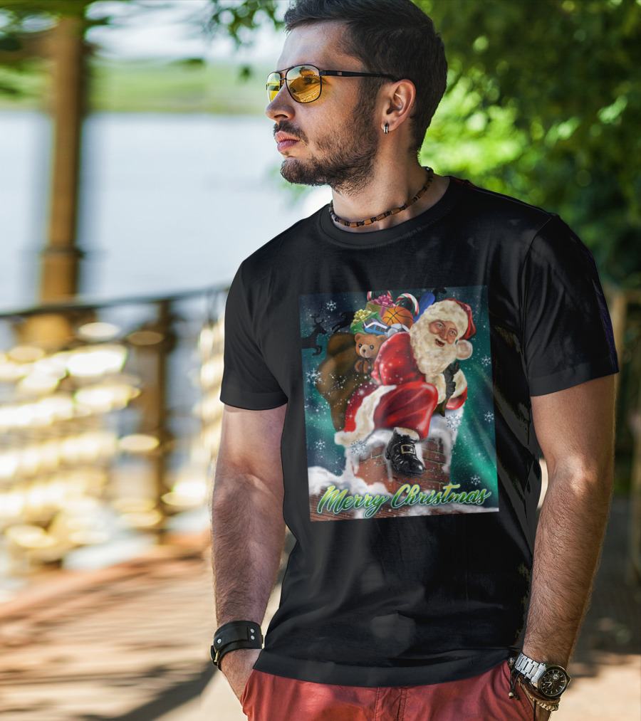 Merry Christmas Santa Claus On Chimney With Toy Sack Holiday Scene T-Shirt