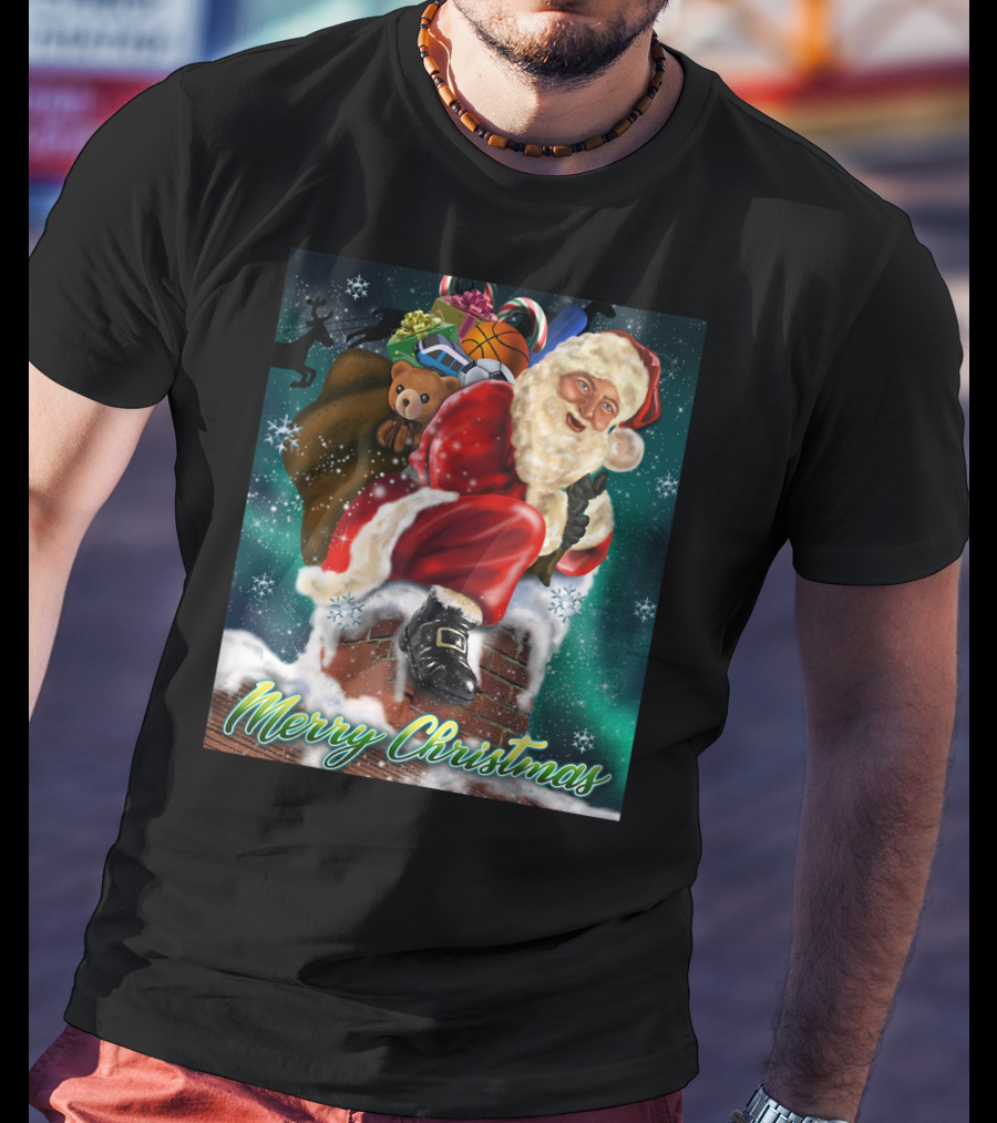 Merry Christmas Santa Claus On Chimney With Toy Sack Holiday Scene T-Shirt