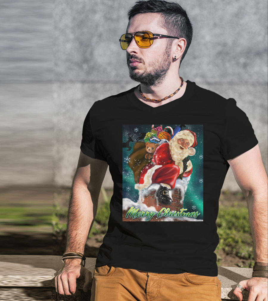 Merry Christmas Santa Claus On Chimney With Toy Sack Holiday Scene T-Shirt