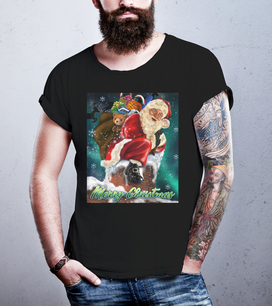 Merry Christmas Santa Claus On Chimney With Toy Sack Holiday Scene T-Shirt