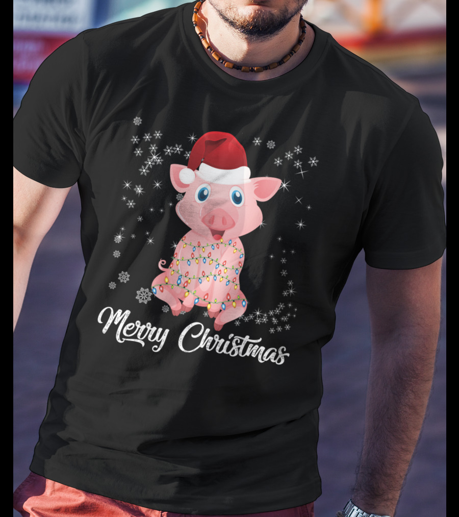 Merry Christmas Pig Santa Hat Wrapped In Holiday Lights T-Shirt