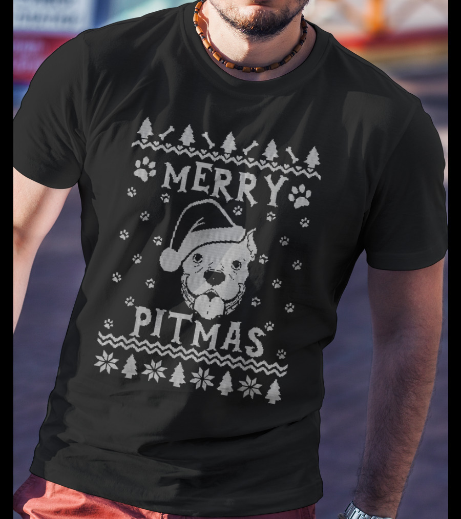 Merry Pitmas Christmas Pitbull Santa Hat Paw Trees Snowflakes T-Shirt