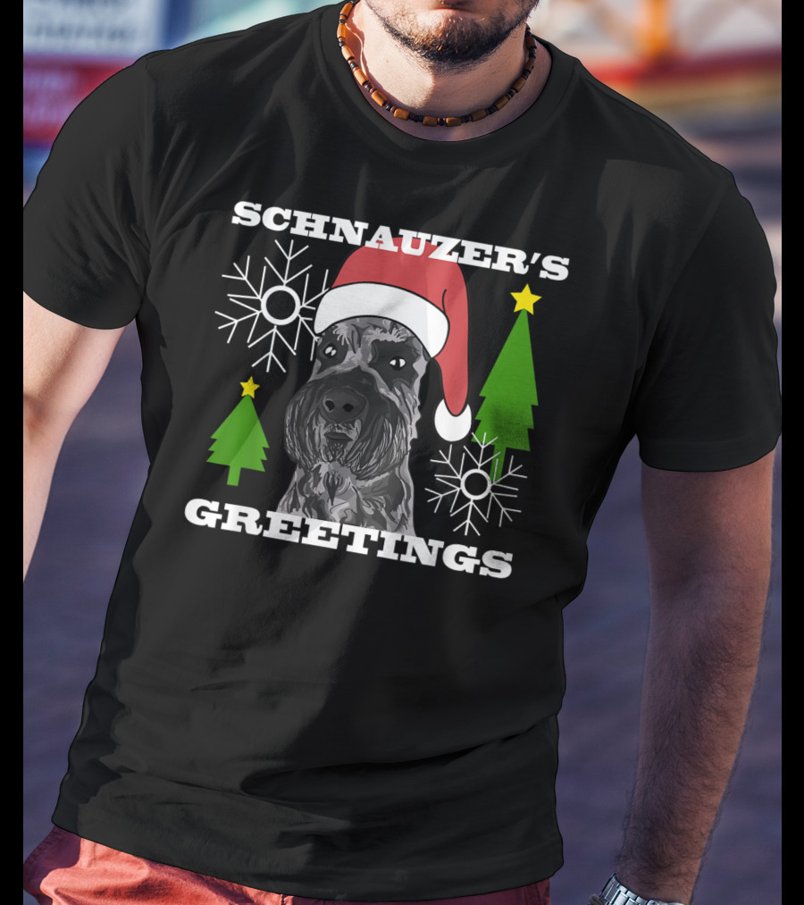 Schnauzer's Greetings Santa Hat Christmas Trees Snowflakes T-Shirt