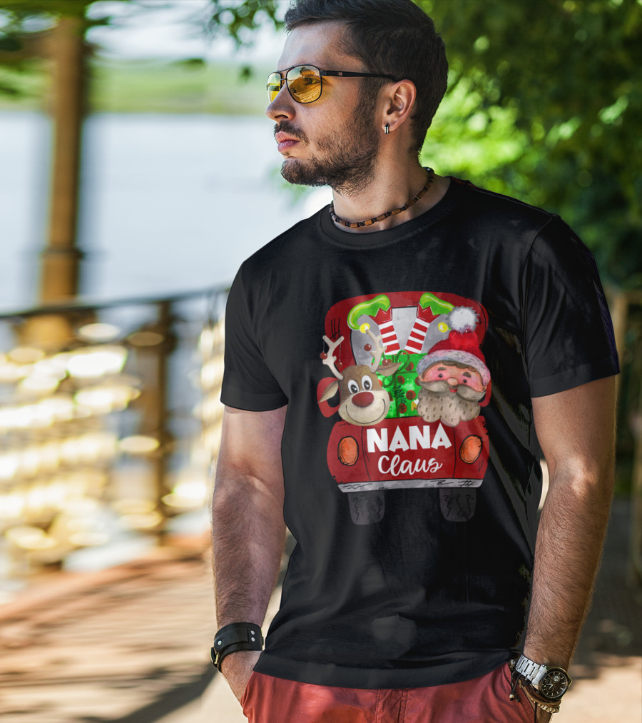 Nana Claus Red Car Christmas Reindeer And Santa T-Shirt