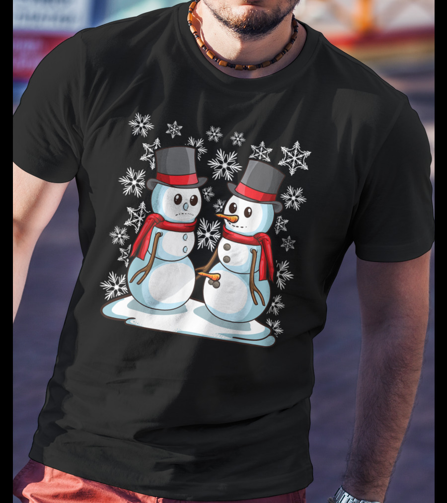 Naughty Christmas Snowmen With Carrot And Top Hats Amidst Snowflakes T-Shirt