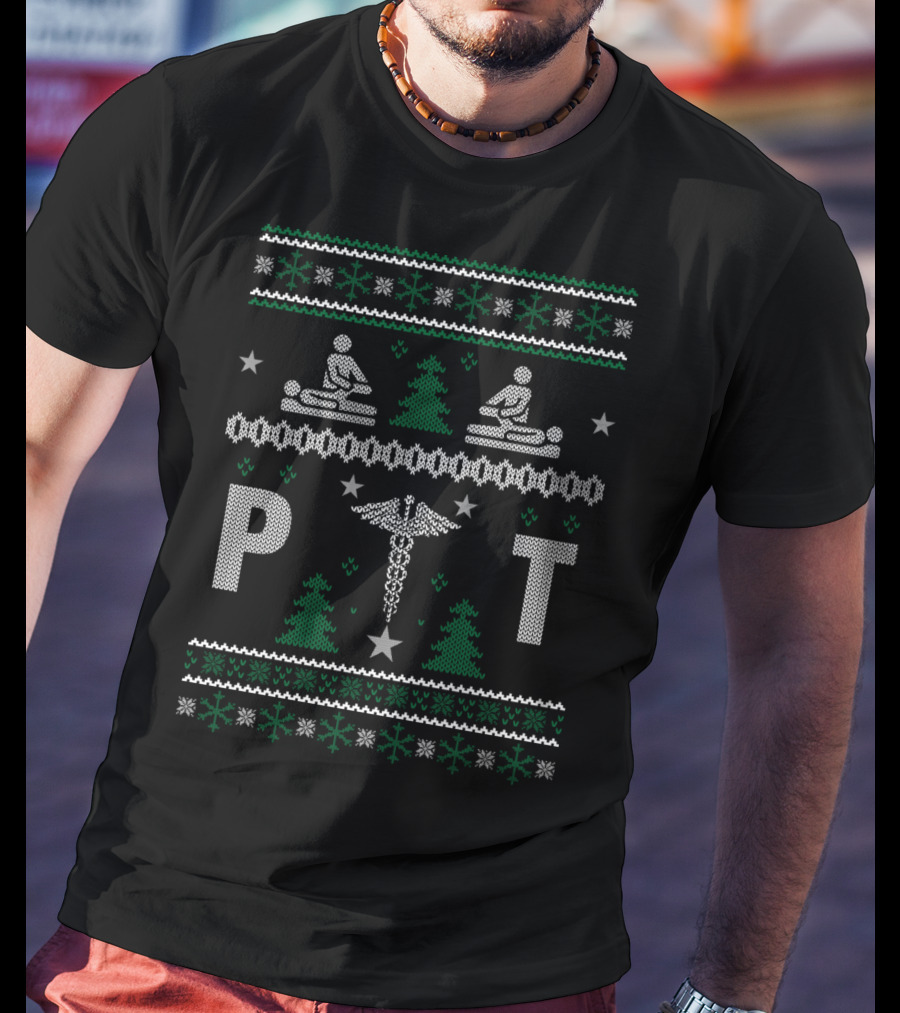 PT Christmas Knit Pattern Caduceus Therapy Holiday T-Shirt