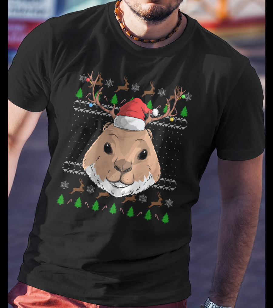 Prairie Dog Santa Claus Hat Antler Christmas Trees Reindeer Snowflakes T-Shirt