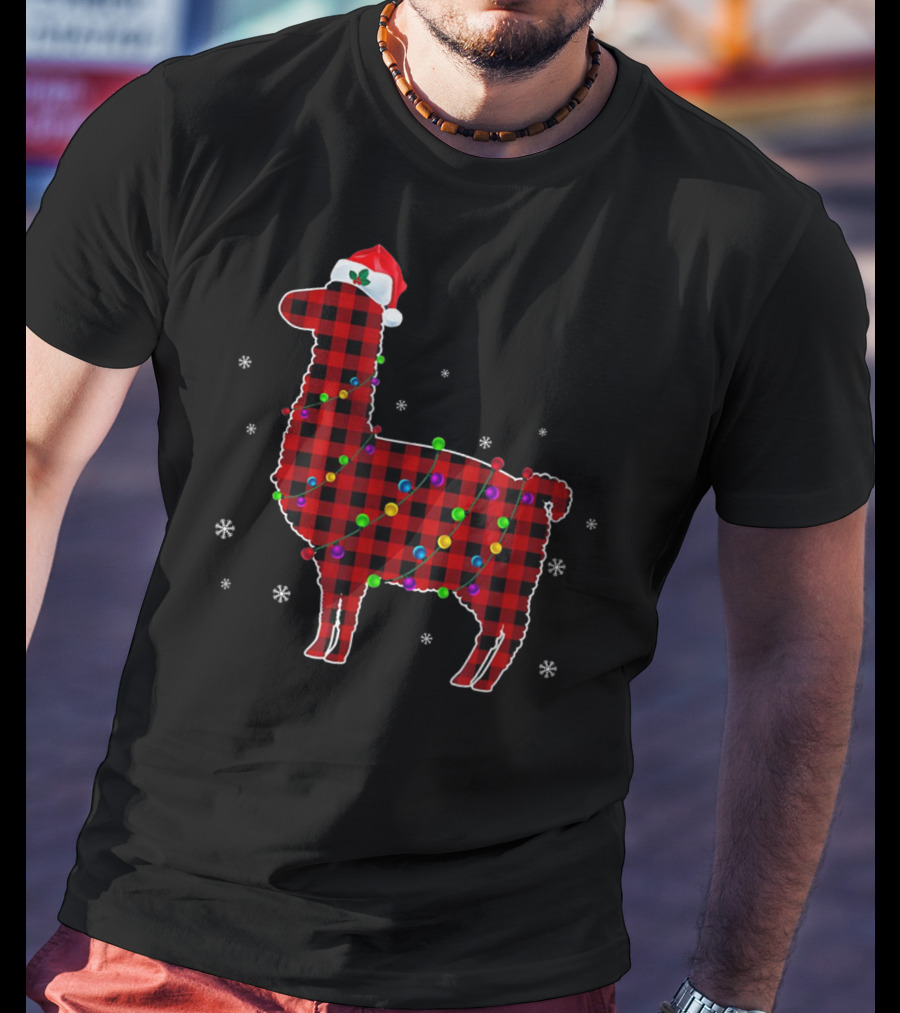 Red Plaid Buffalo Llama Christmas Lights Santa Hat T-Shirt