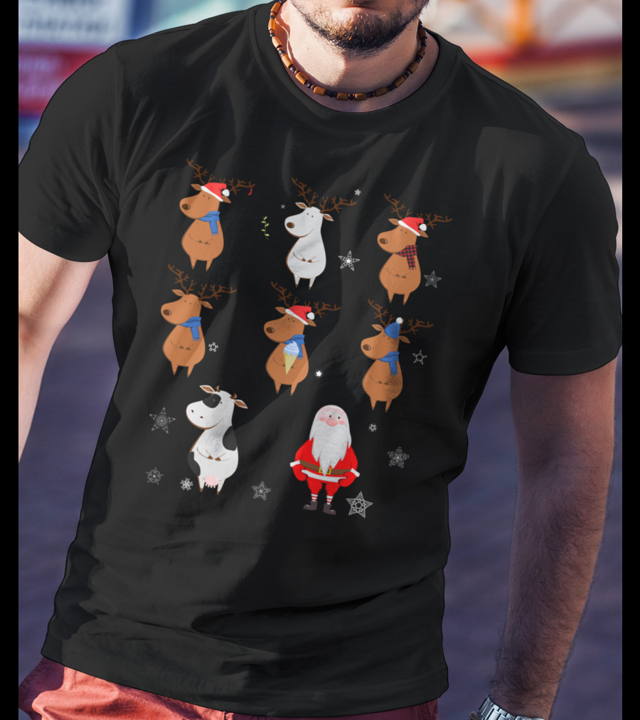 Santa Claus Reindeers With Cow And Snowflakes T-Shirt