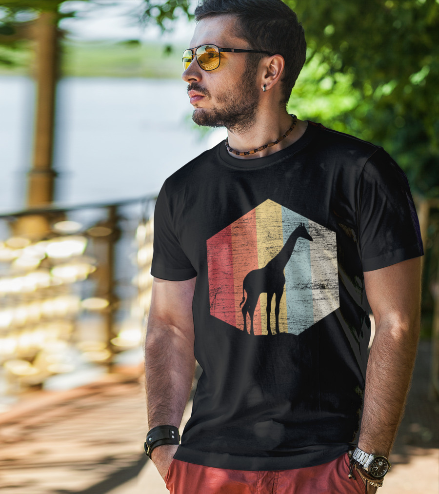 Retro Giraffe Silhouette With Vintage Stripes T-Shirt