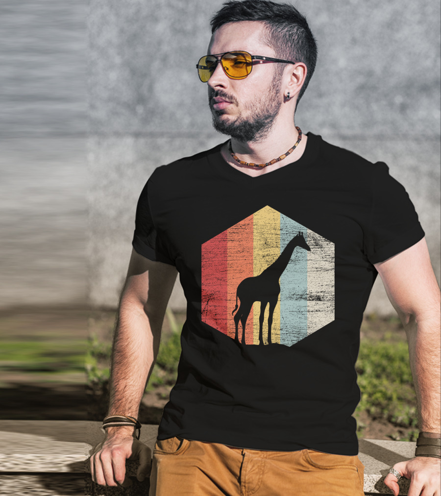 Retro Giraffe Silhouette With Vintage Stripes T-Shirt