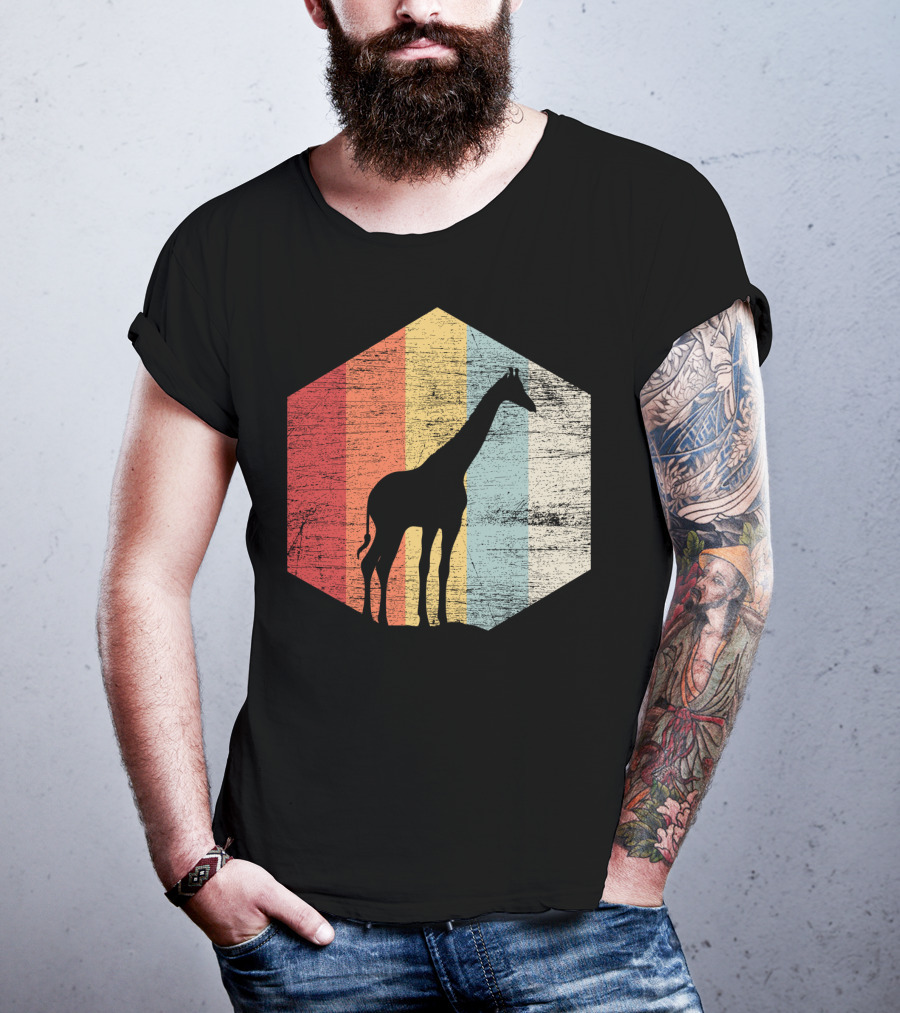 Retro Giraffe Silhouette With Vintage Stripes T-Shirt