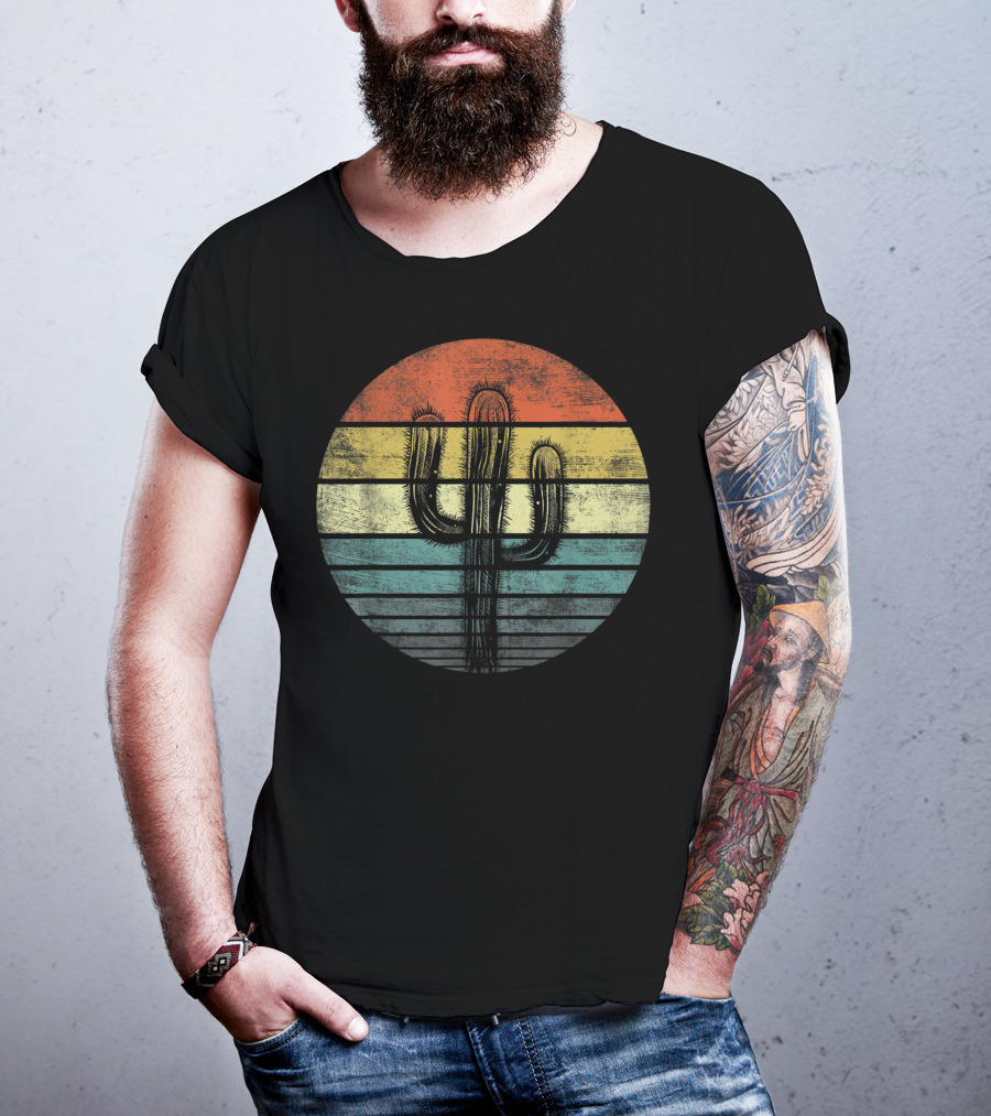 Retro Saguaro Cactus Sunset Stripes Cactaceae Vintage Vibes T-Shirt