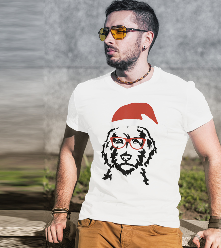 Santa Doodle Goldendoodle Christmas Red Hat Glasses T-Shirt