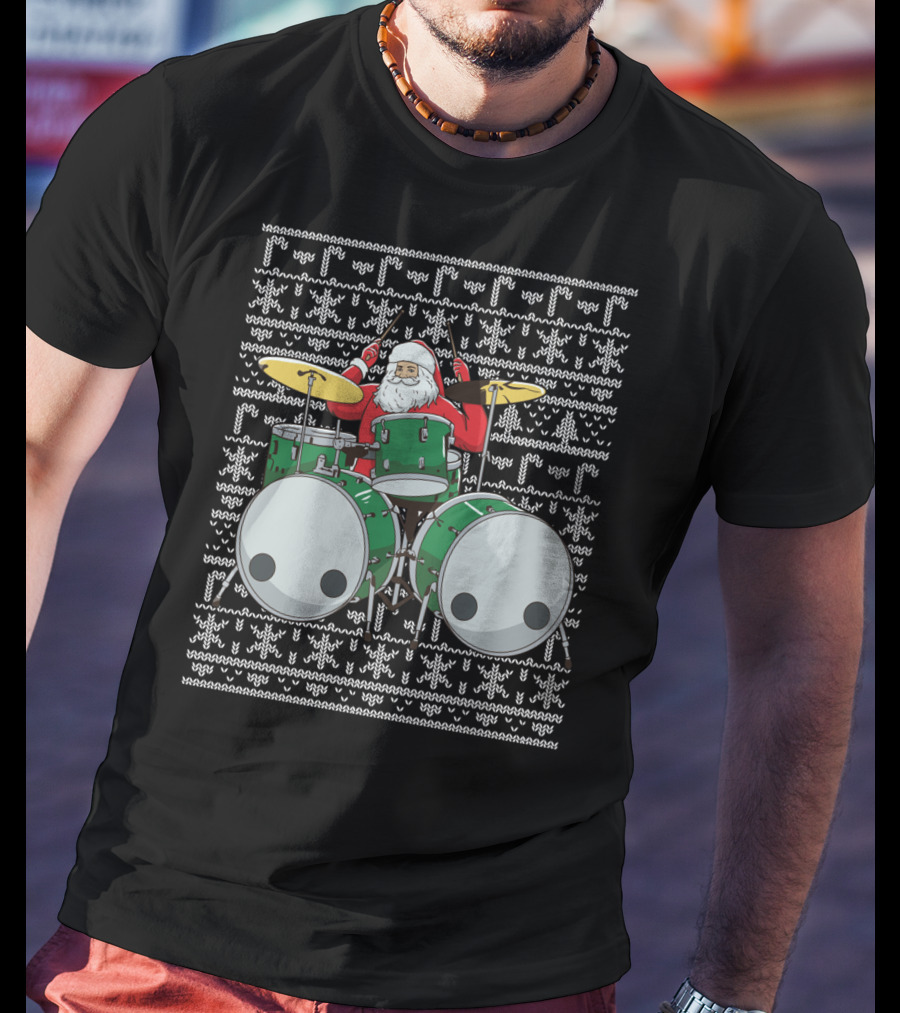 Santa Drummer Christmas Ugly Sweater Style Drums T-Shirt