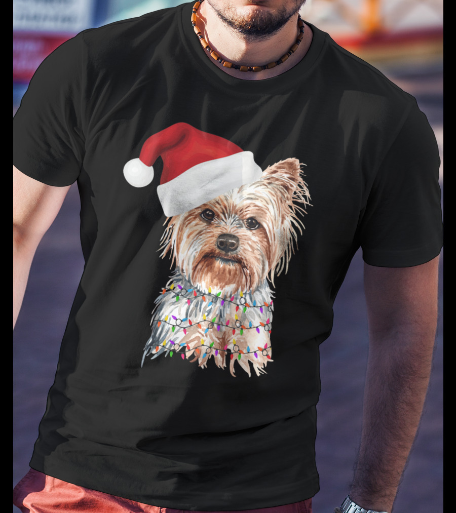 Santa Yorkie Terrier Dog With Christmas Lights Reindeer T-Shirt