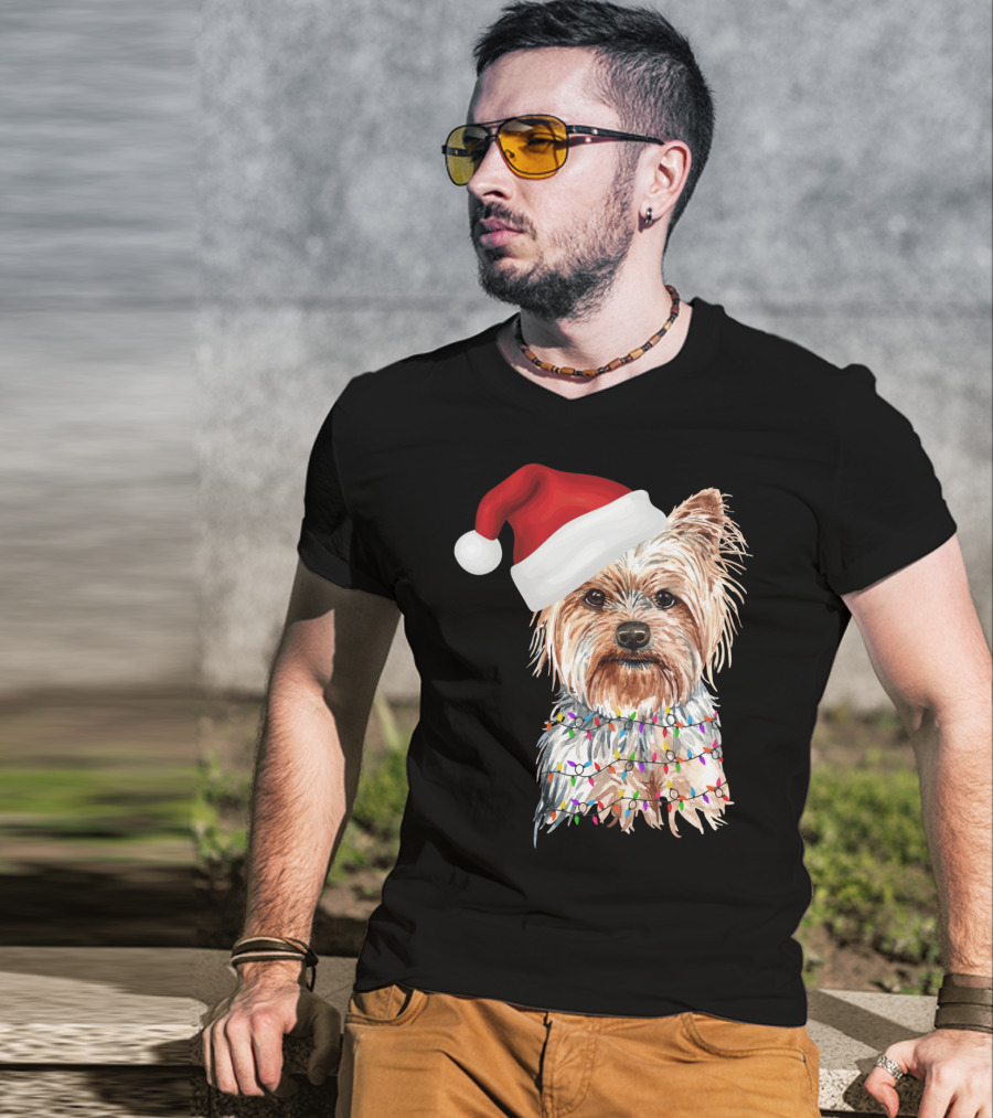 Santa Yorkie Terrier Dog With Christmas Lights Reindeer T-Shirt
