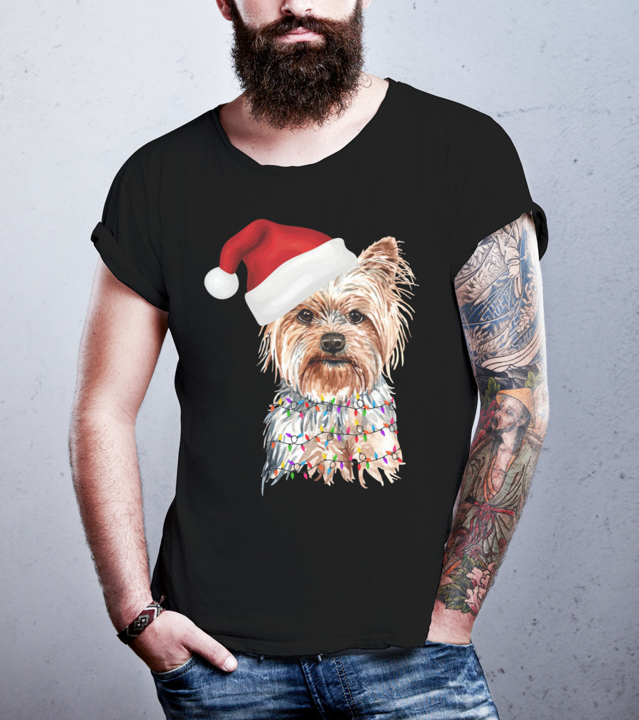 Santa Yorkie Terrier Dog With Christmas Lights Reindeer T-Shirt